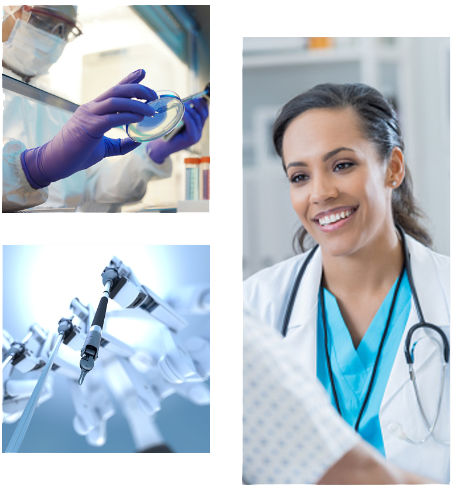 3 image collage. Top left image is a doctor holding a petri dish. Right image is a female doctor smiling. Bottom left image is a medical robot arm.